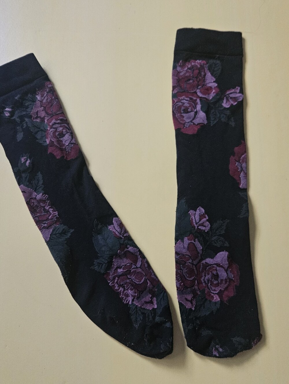 Black Floral Knee-High Socks with Purple Rose Print Suit Socks Suiting Socks